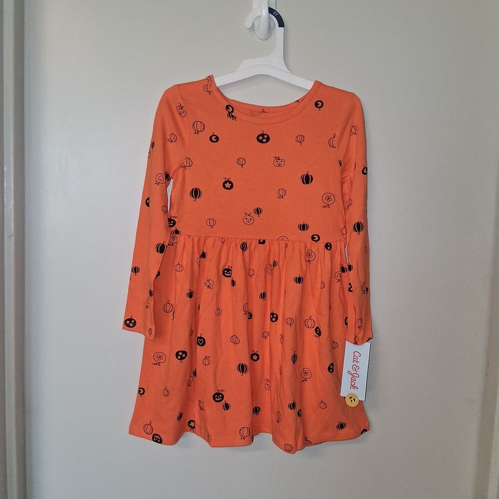 Toddler Cat & Jack Orange Halloween Print Long Sleeve Dress Size 5T, Pumpkins